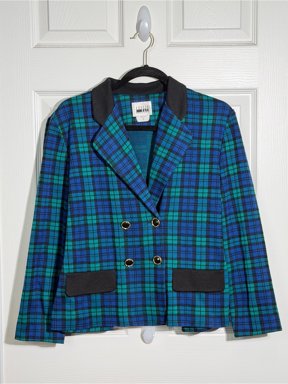 Leslie Fay Vintage 80’s Blue Green Plaid Double-Breasted Blazer Women’s 10